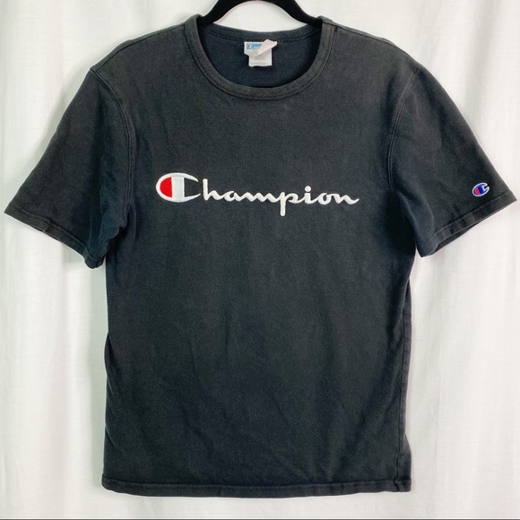 Vintage Champion Old School Spellout Embroidered Logo Black T-shirt Medium - Picture 1 of 6
